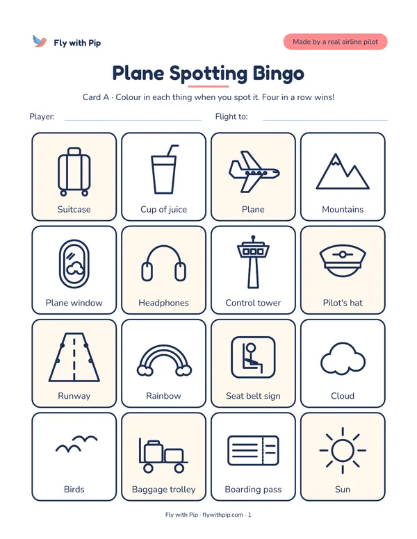 Plane Spotting Bingo card with 16 colour-in pictures: plane, suitcase, control tower, clouds and more